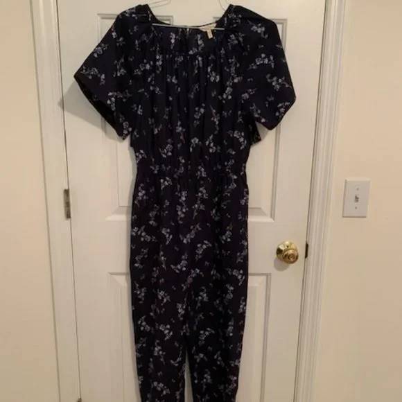 Rebecca Taylor Francine Floral Poplin Jumpsuit, Open Cape Back, Navy, Sz 6 - Picture 4 of 13
